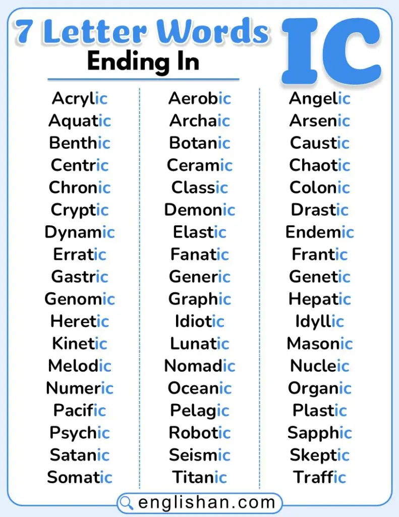 7-letter English words that end in IC