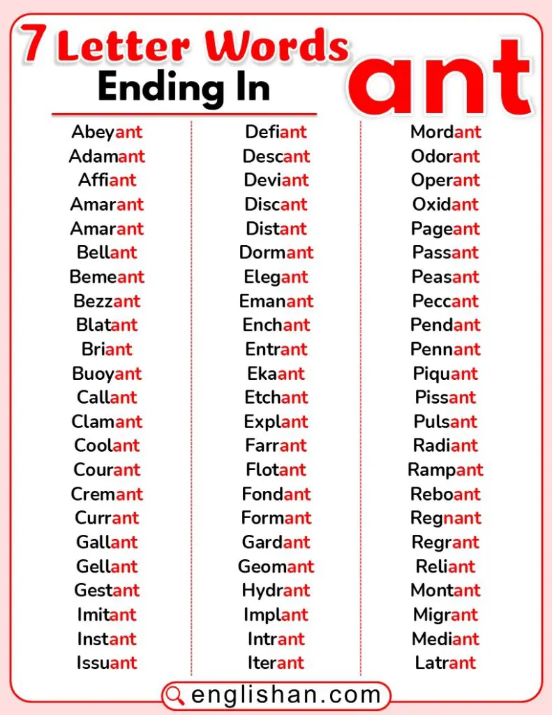 7-letter words ending in ANT in English