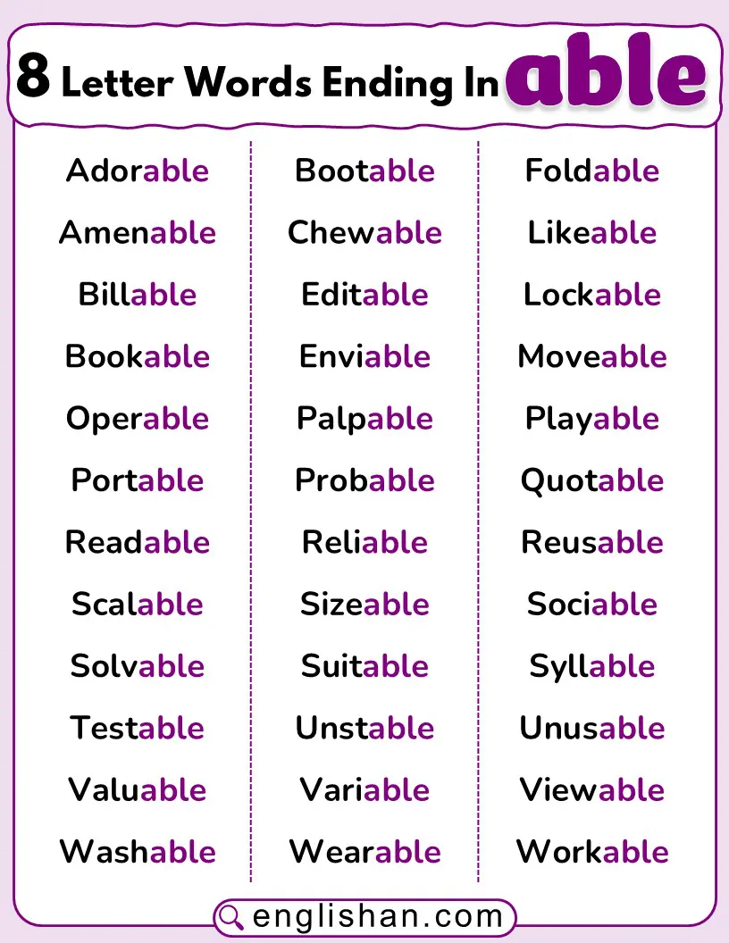 8-letter words ending in ABLE for vocabulary and games