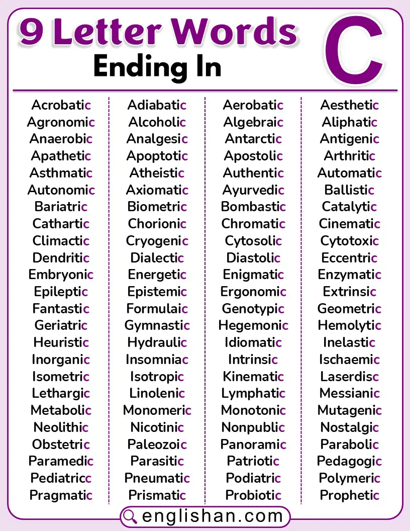 List of 9-letter words ending with the letter c
