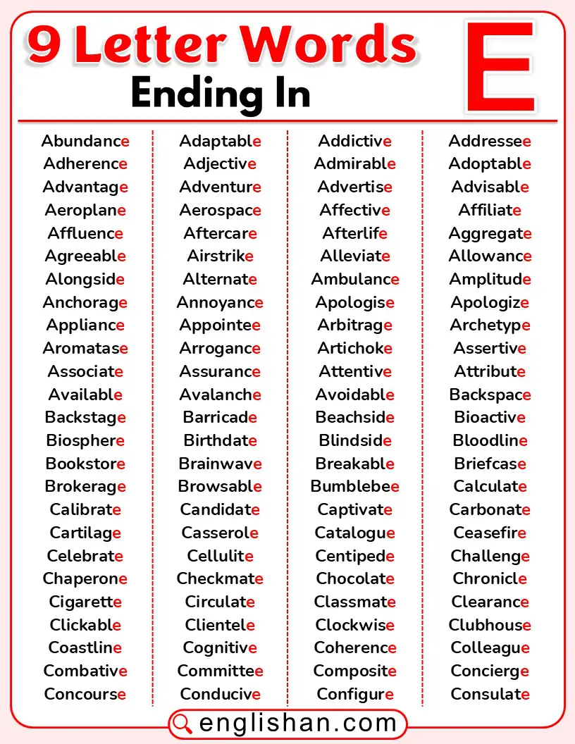 9-letter words ending in e displayed in a list.