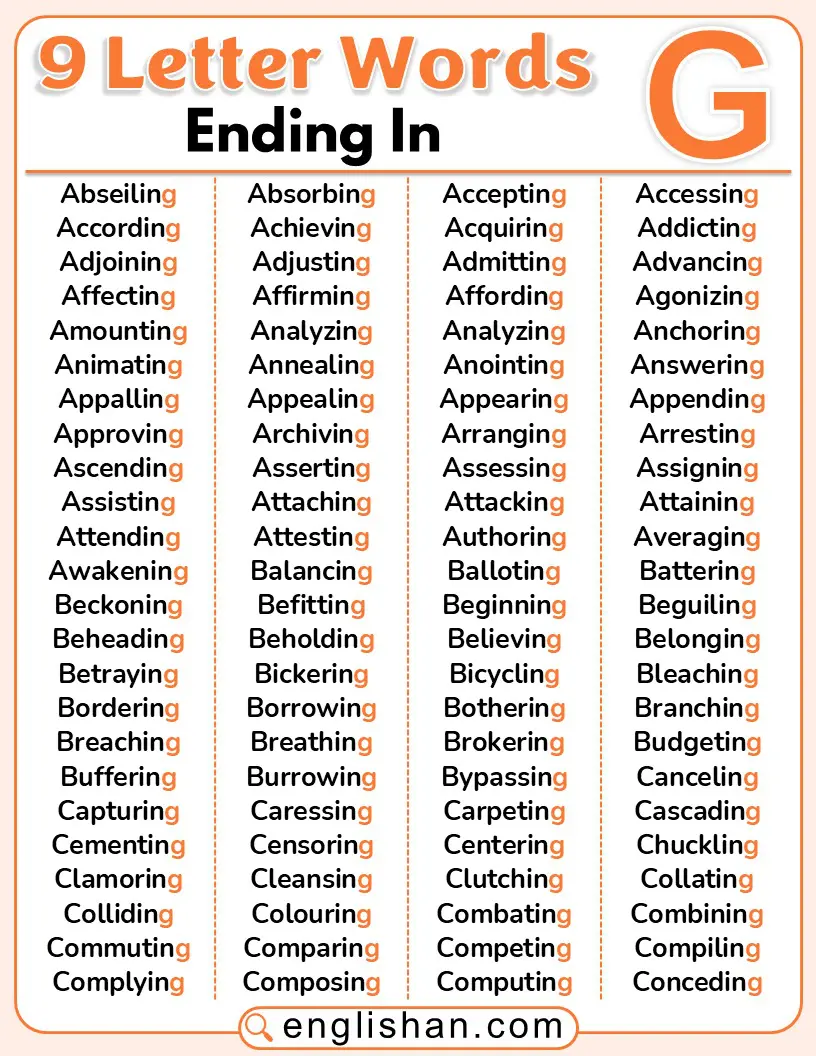 9 letter words ending in G in English vocabulary