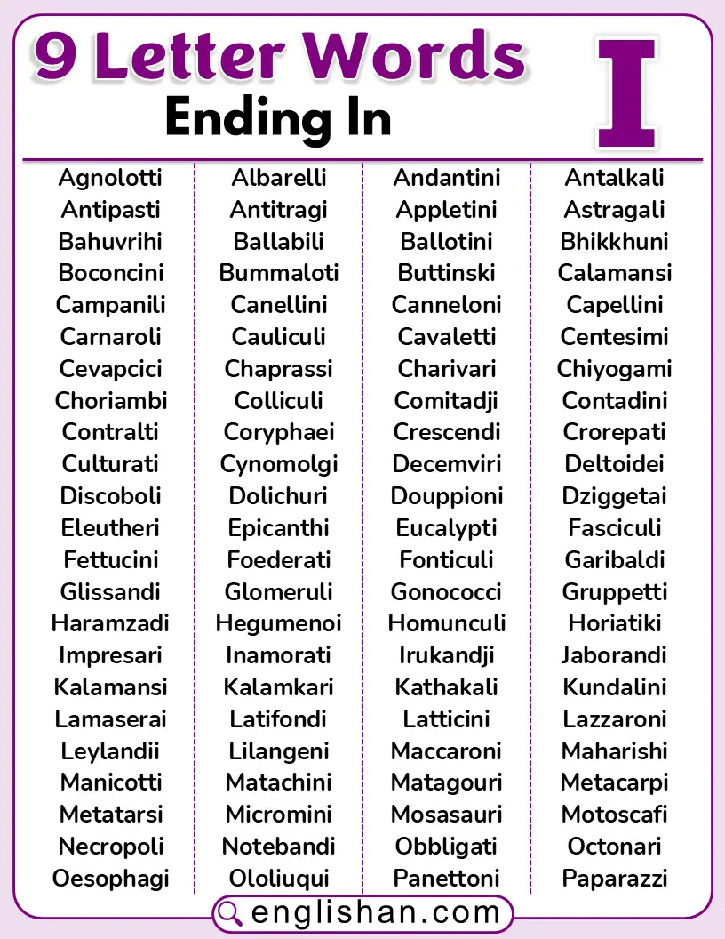 9 letter words ending in i for English learners