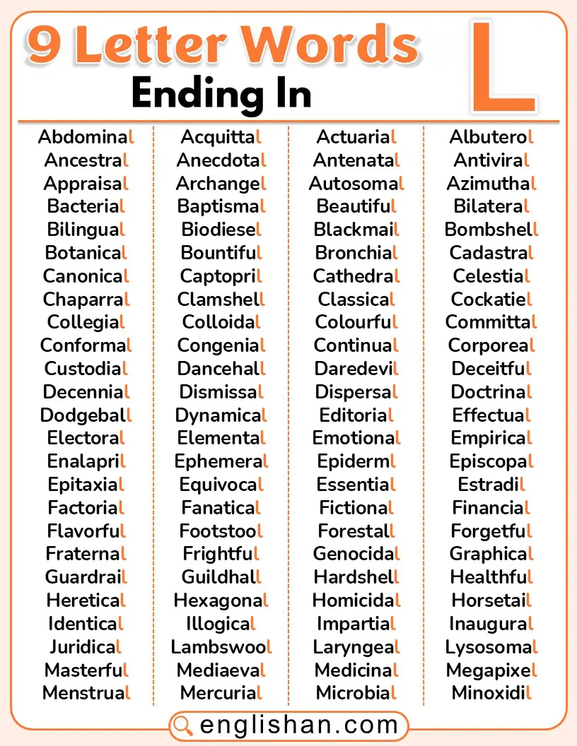 Nine-letter words that end with L in English.
