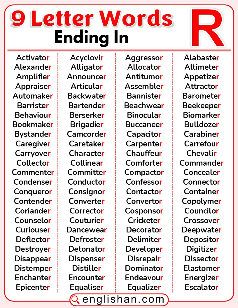 9-letter words ending with the letter R
