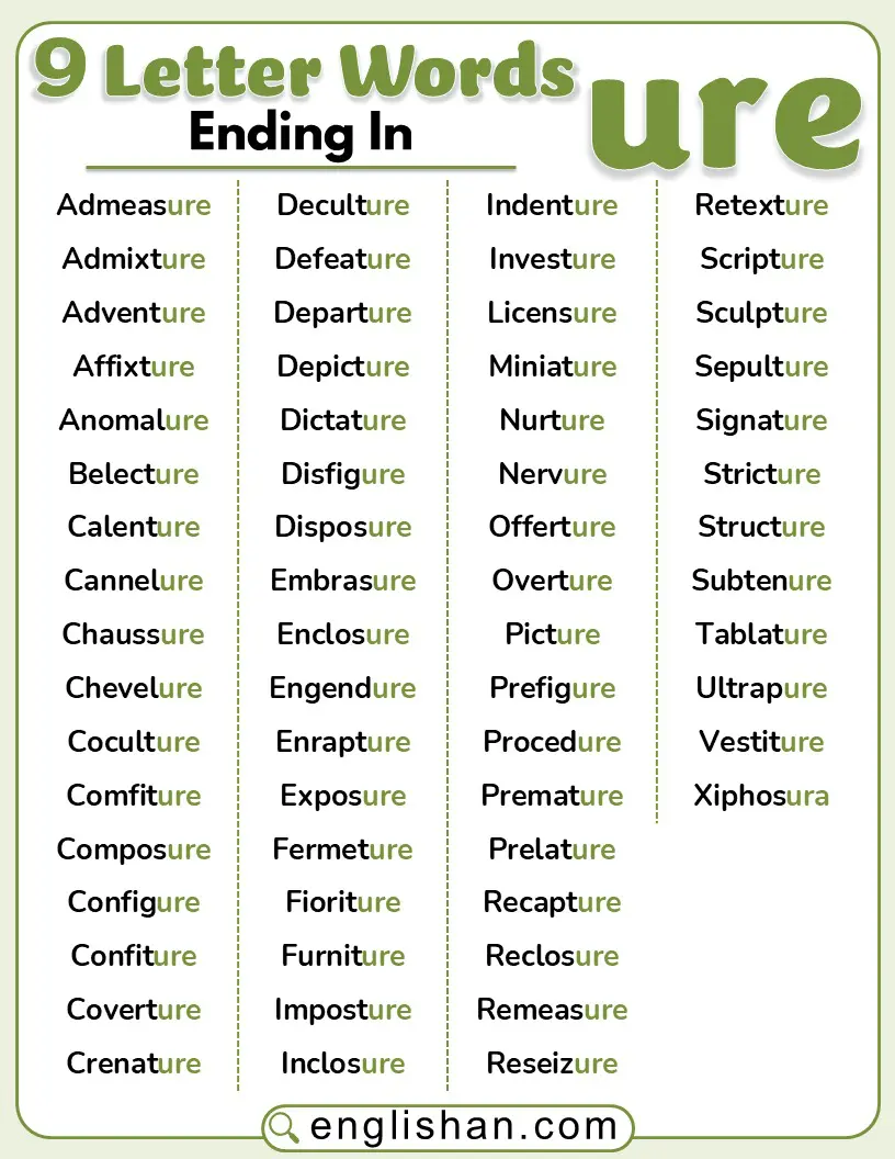 9-letter words ending in URE for vocabulary practice