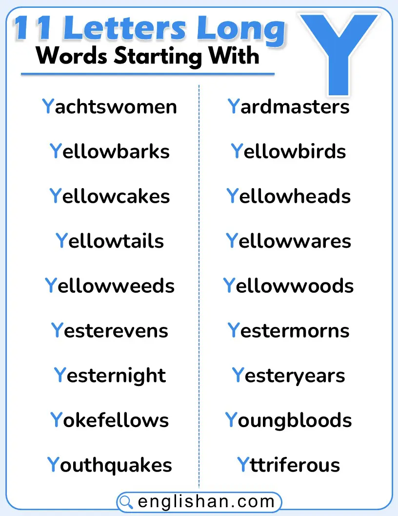 Eleven-letter English words that start with the letter Y, shown in a clean list format.