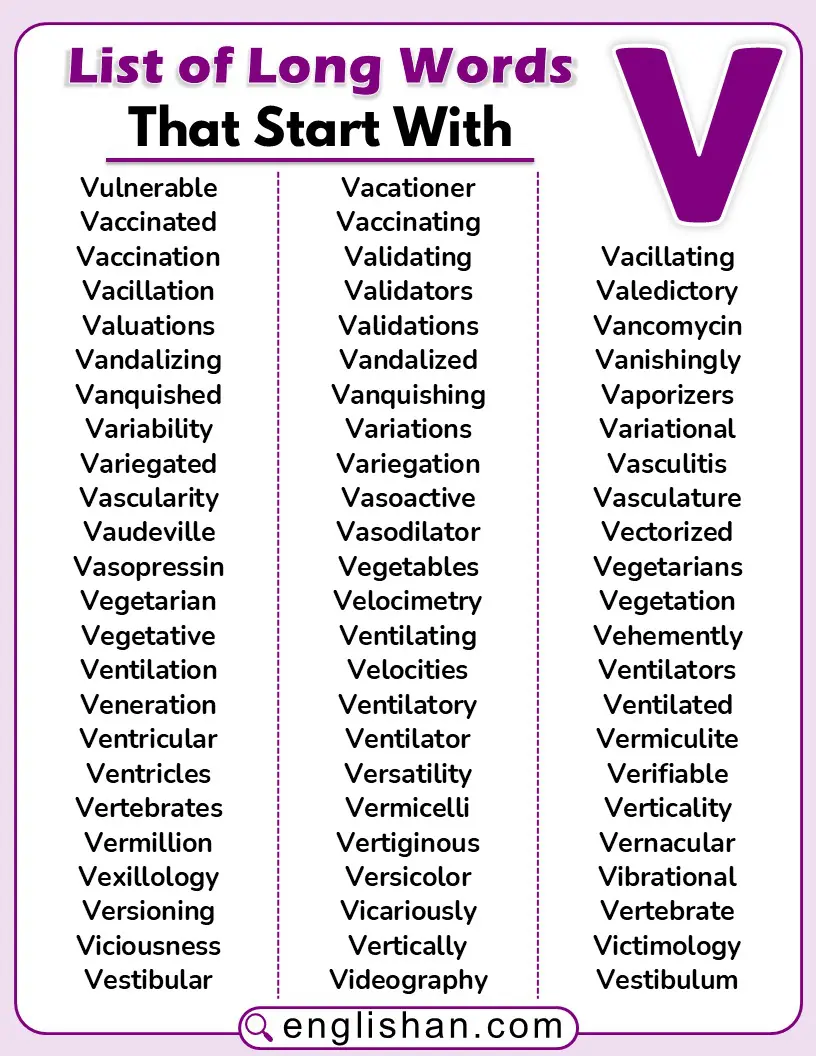 List of long English words starting with the letter V, neatly arranged