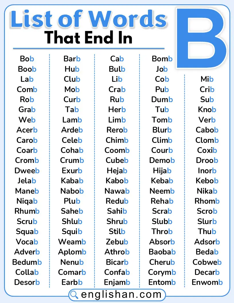 A list of English words that end with the letter B.