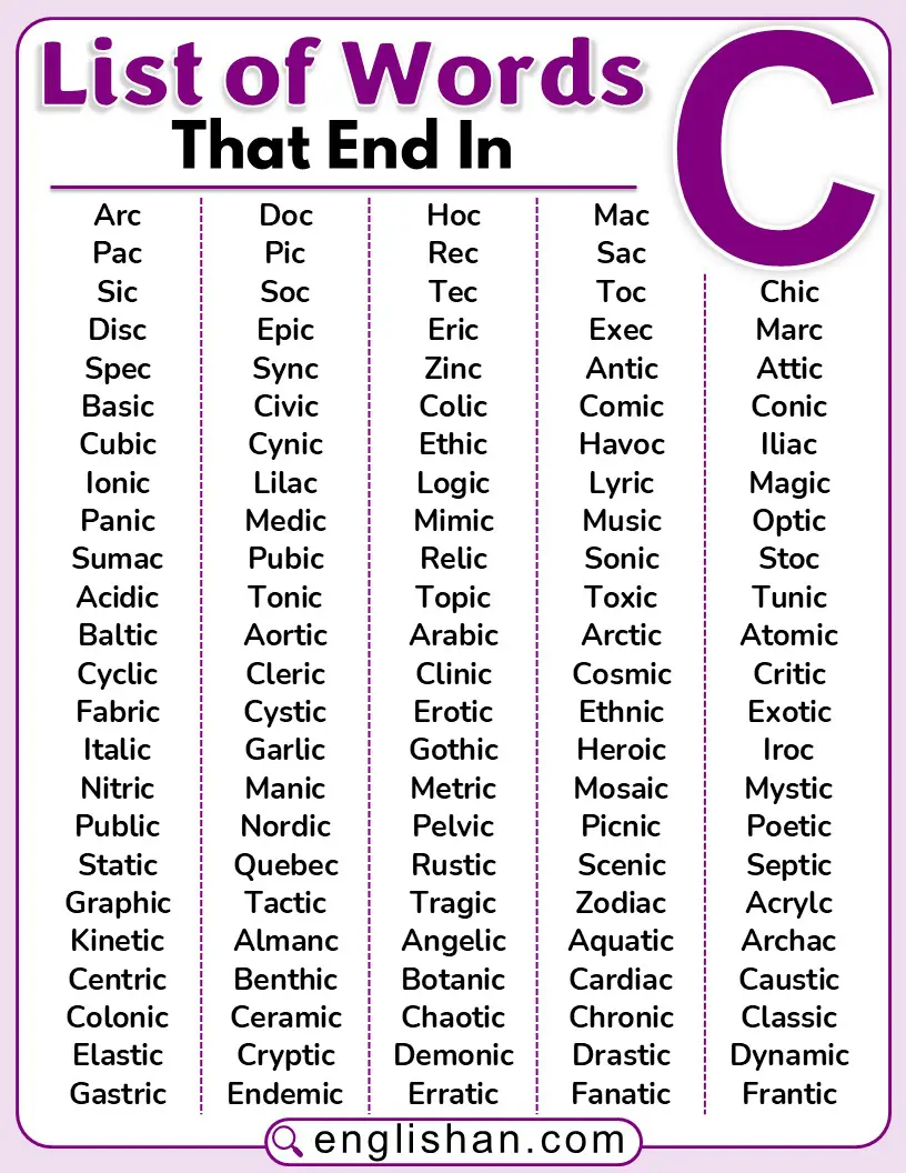 A list of English words that end with the letter C.