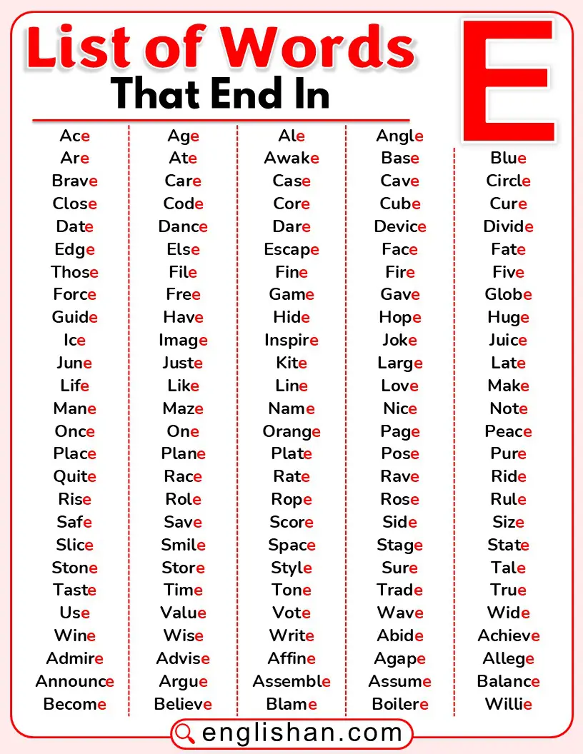 List of words ending with the letter e