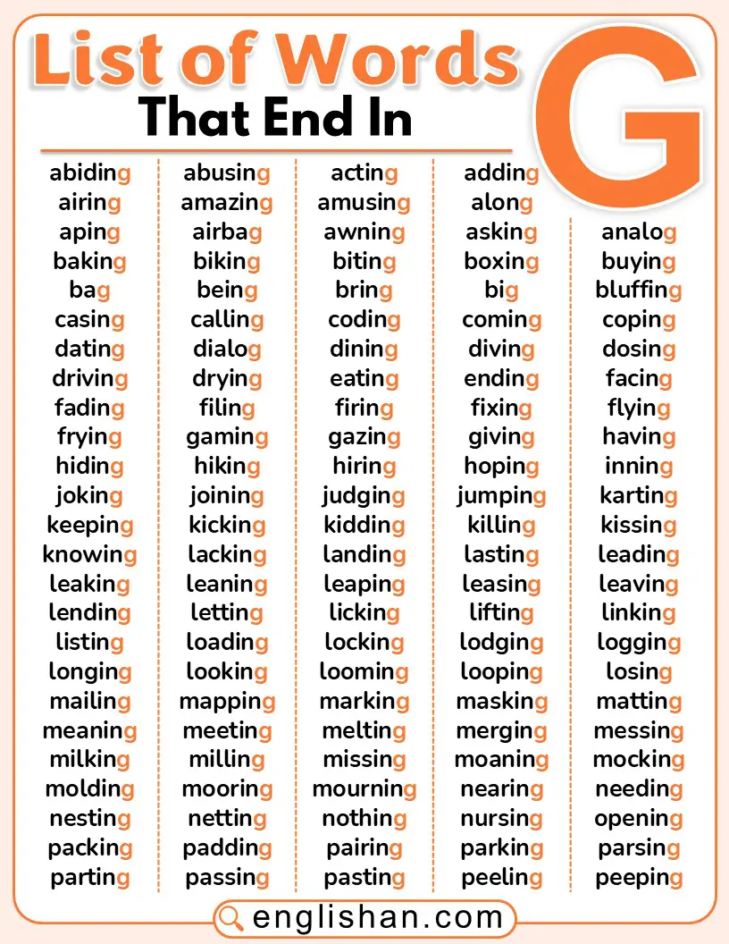 List of English words ending with the letter G