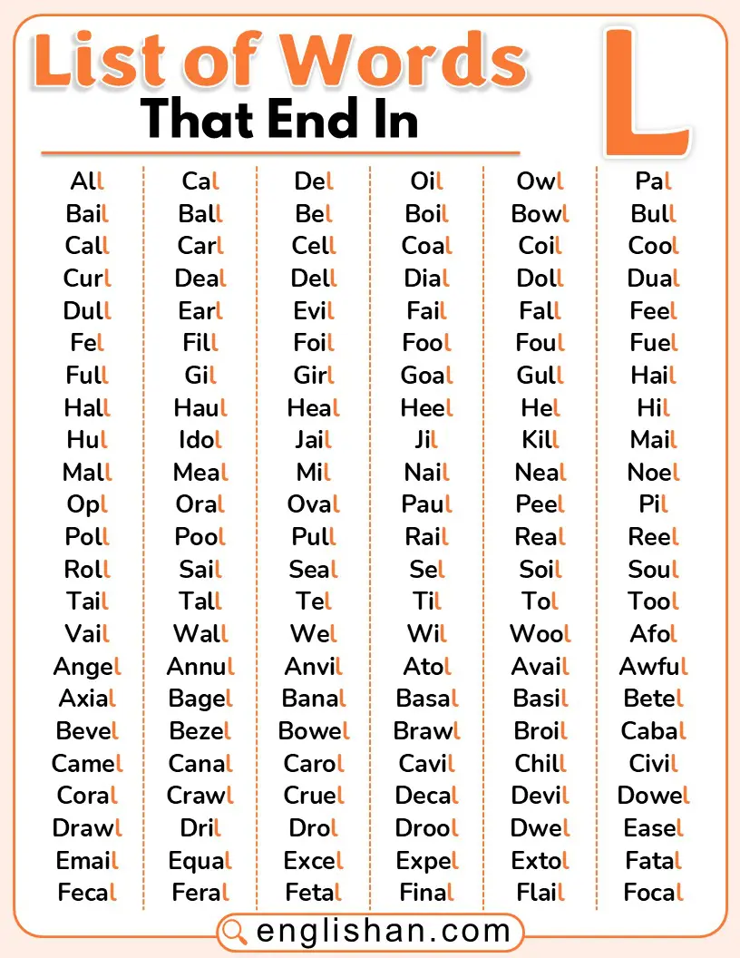 A list of common English words ending with the letter L.