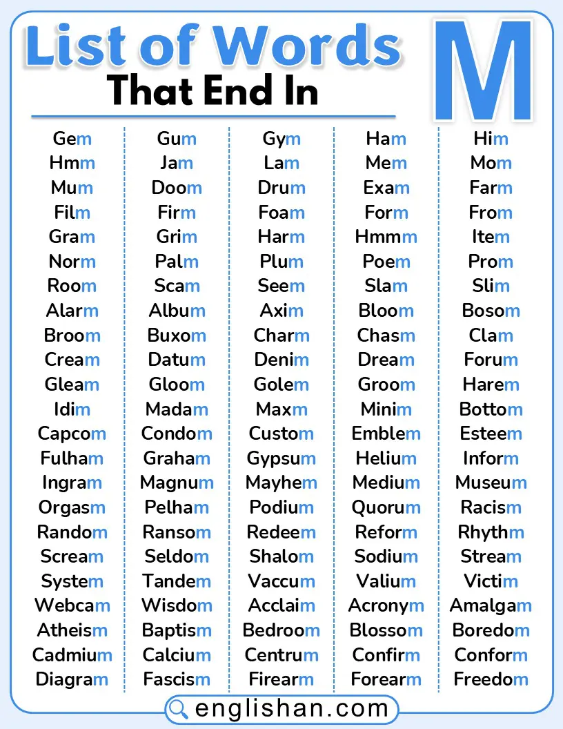 A colorful list of English words ending with the letter M.