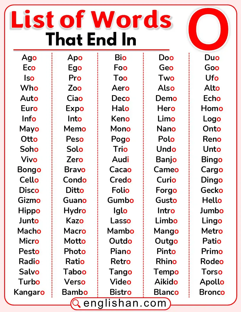 A colorful list of English words ending with the letter O.