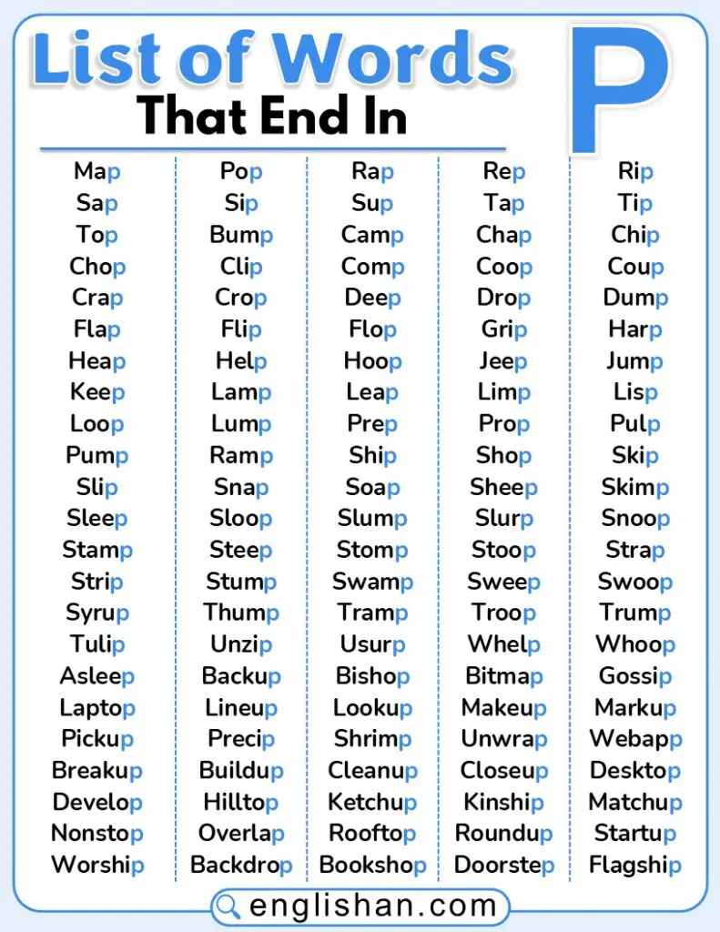 Words that end with p word list with common examples like clap, drop, help and jump.