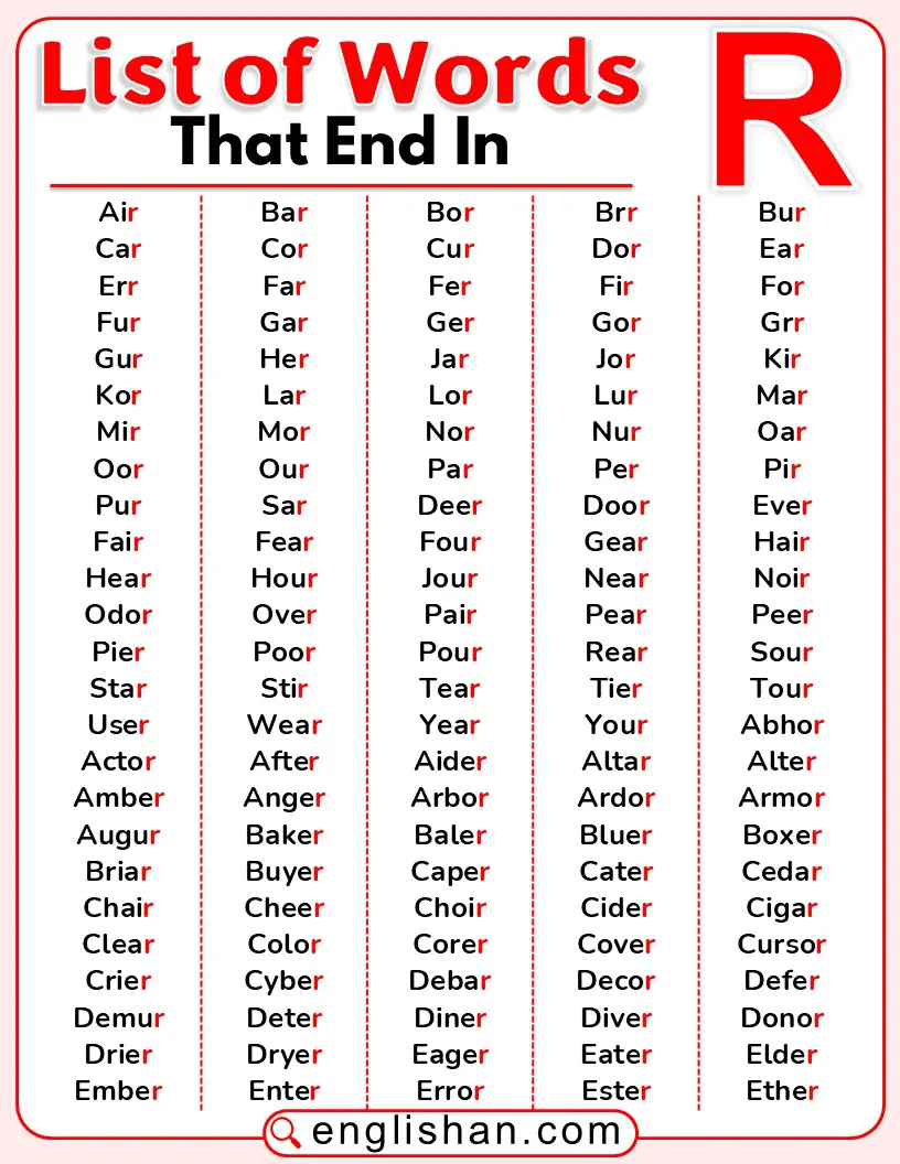 List of words that end with the letter R