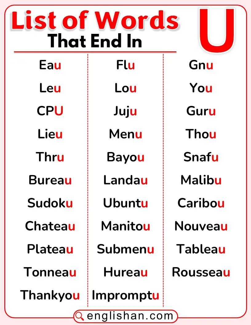 Words that end with the letter U listed clearly.