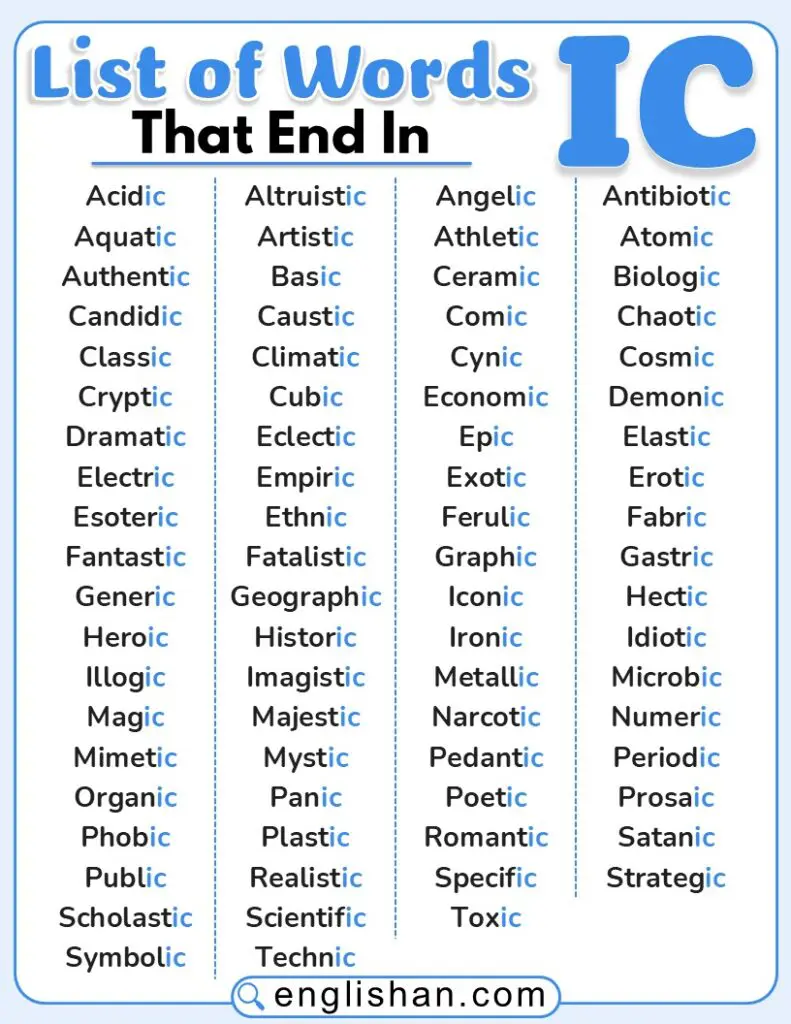 Complete list of words that end in IC in English