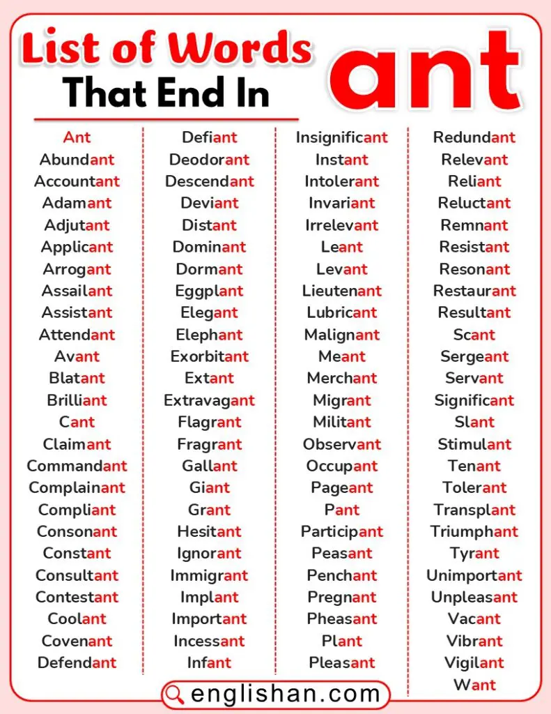 List of words that end in ANT in English