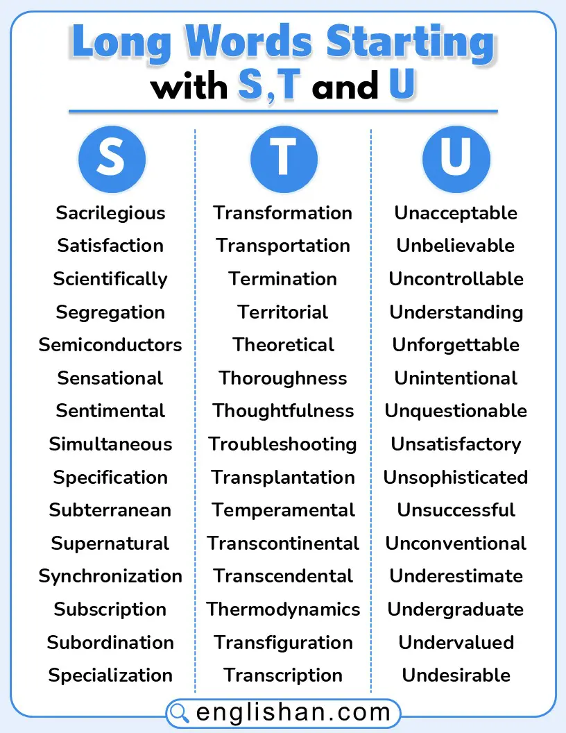 Long English words that start with the letters S, T, and U, arranged in a clear list.