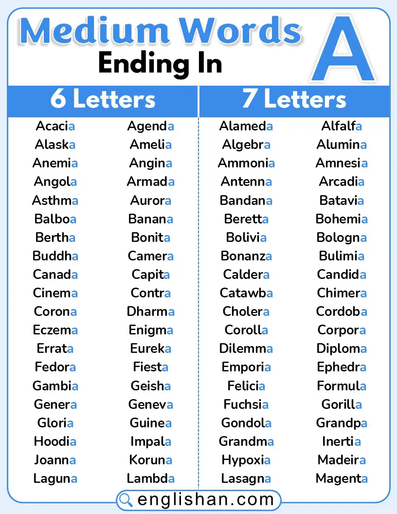 Medium English words ending with the letter A, 6 and 7 letters long