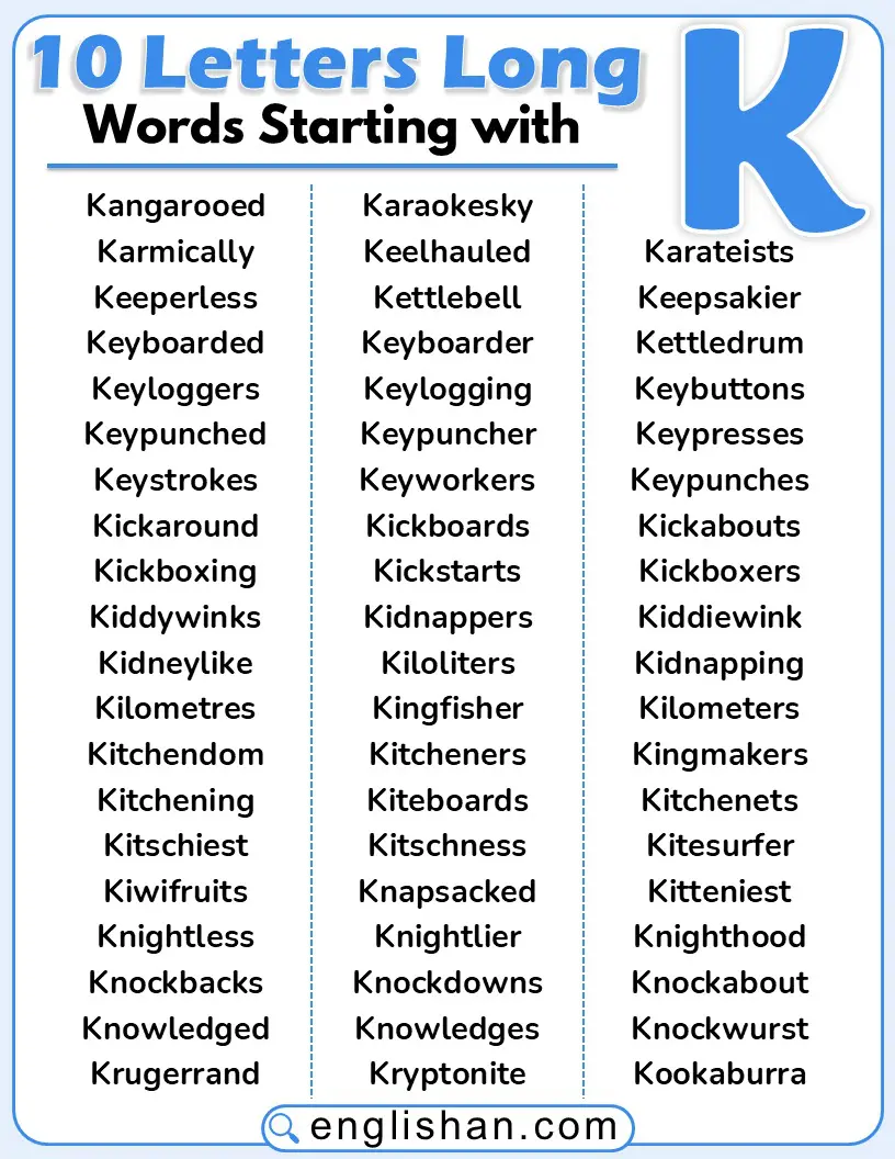 Ten-letter words starting with K for easy learning.