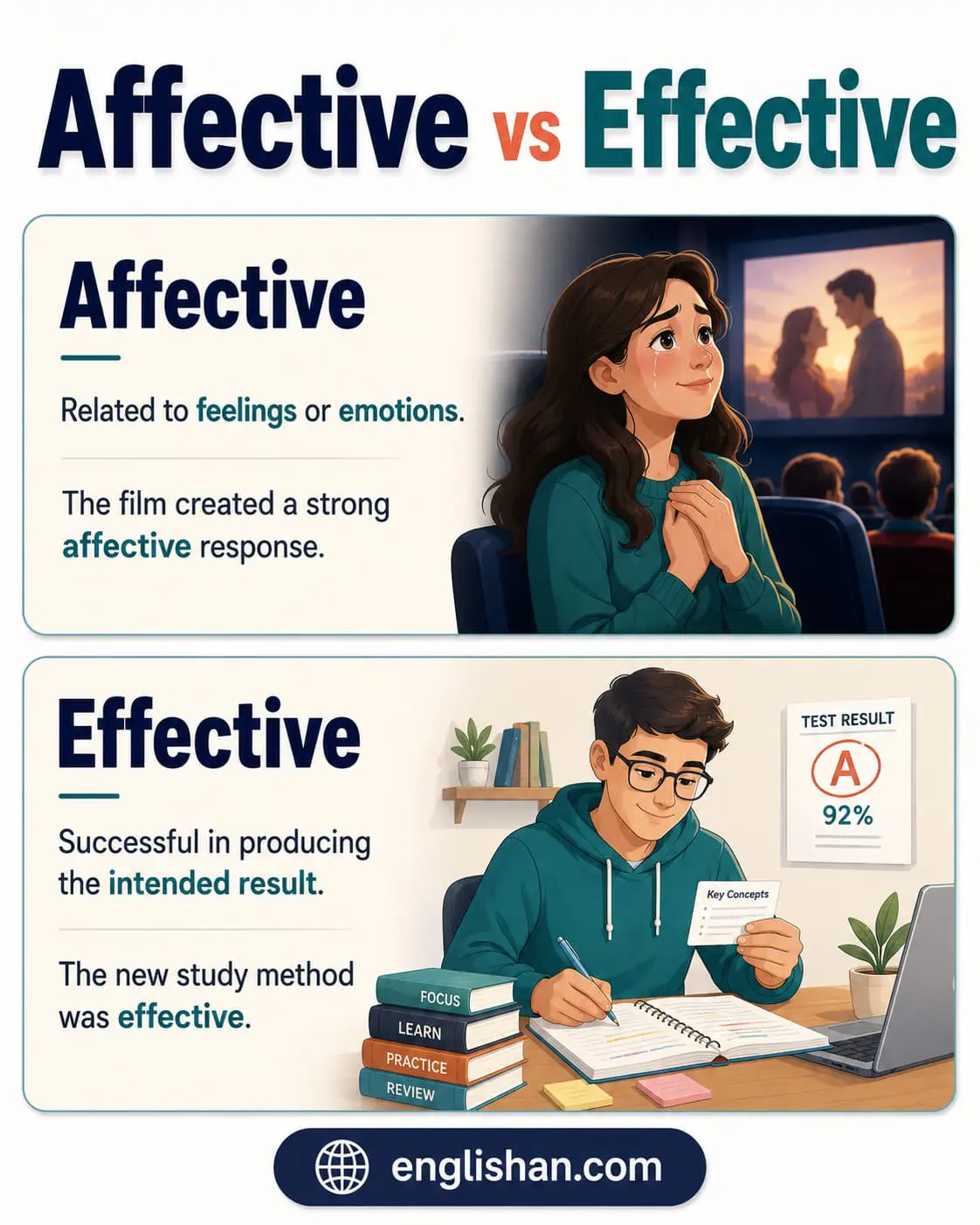 Affective vs Effective compared side by side, with affective naming emotion and mood while effective names something that produces the result