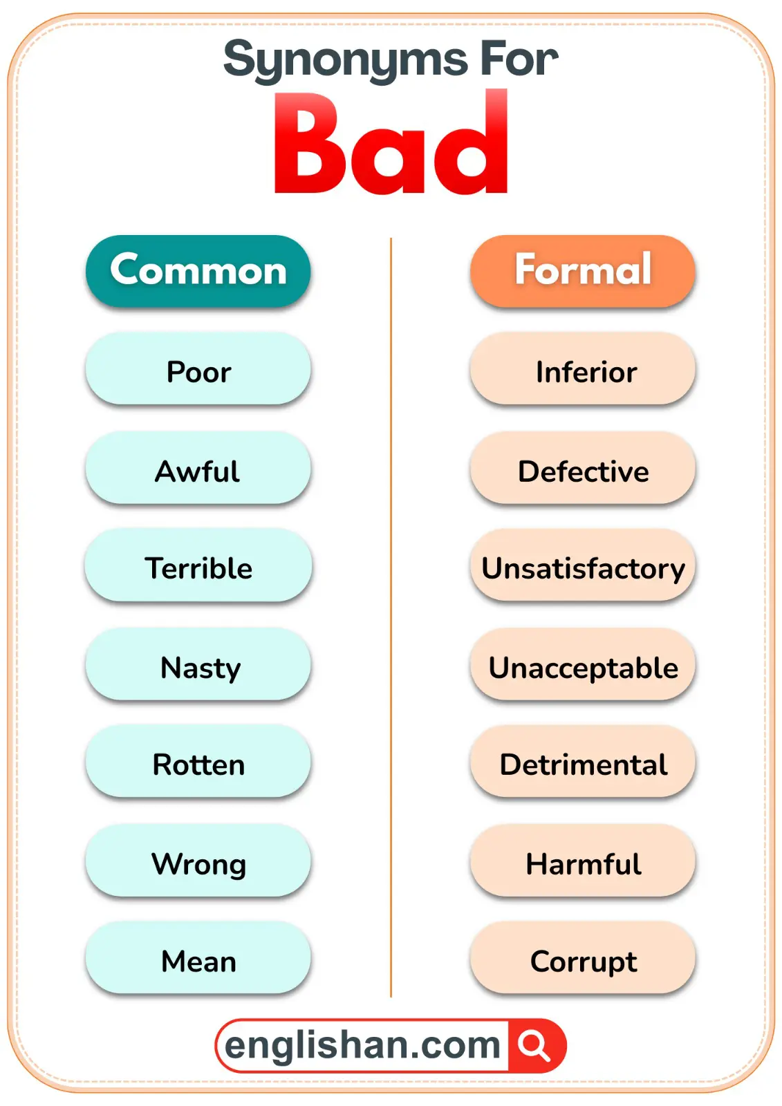 Common and formal synonyms for the word bad with examples