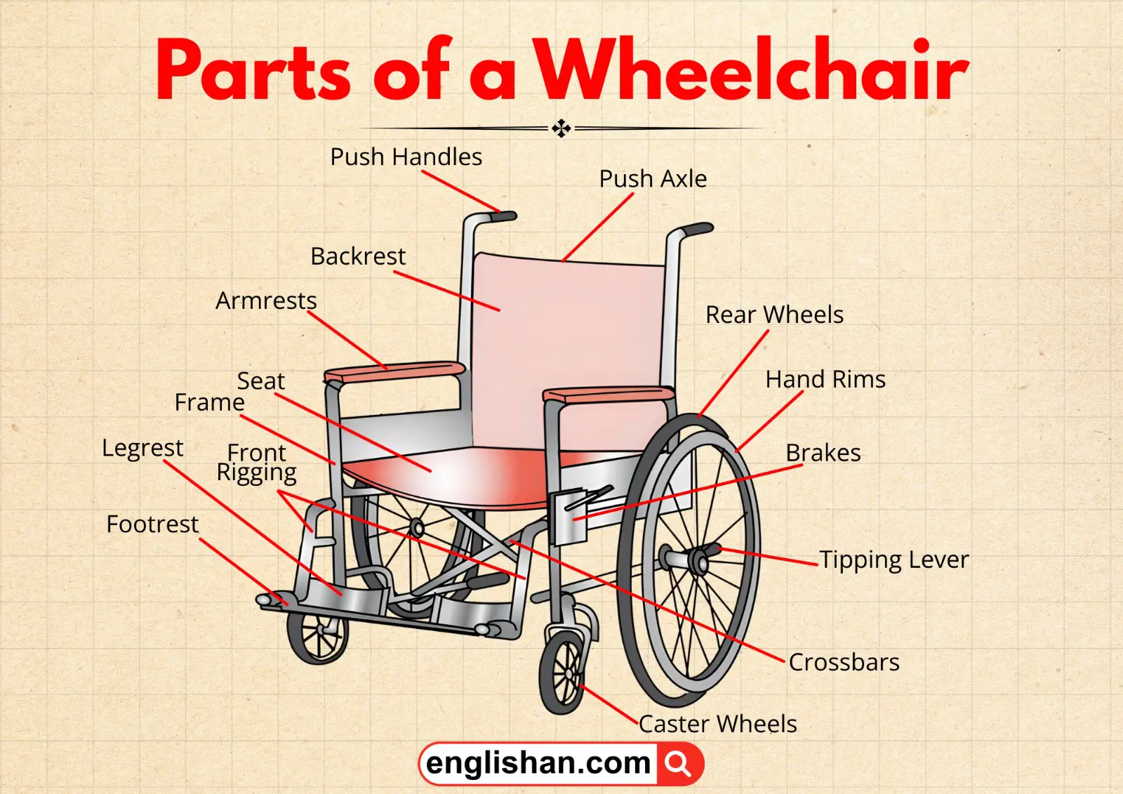Parts of a manual wheelchair labeled clearly