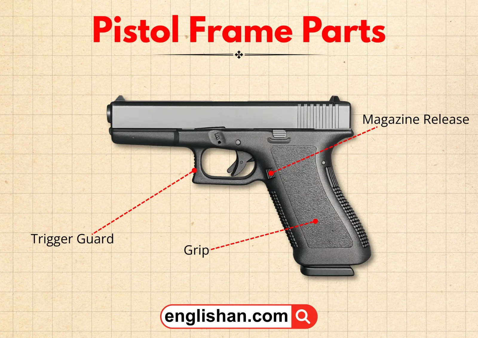 Pistol frame parts laid out separately, showing the internal components of a handgun frame.