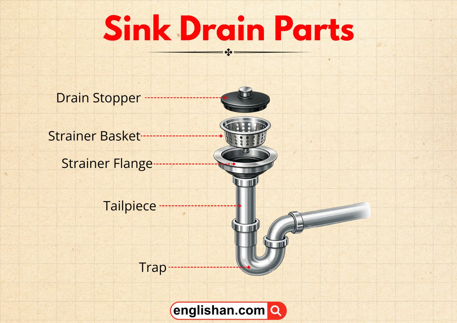 Parts of a sink drain under the counter including stopper, strainer, tailpiece, and P-trap