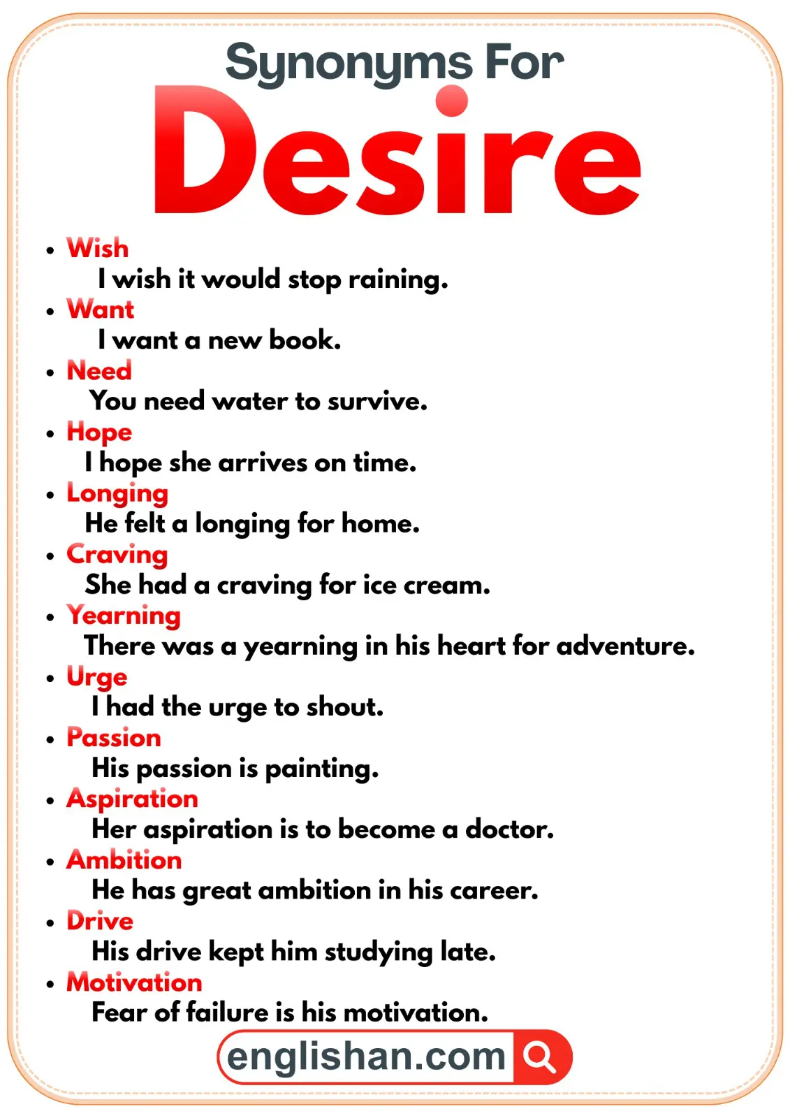 Synonyms for Desire with Examples in English and Urdu meanings