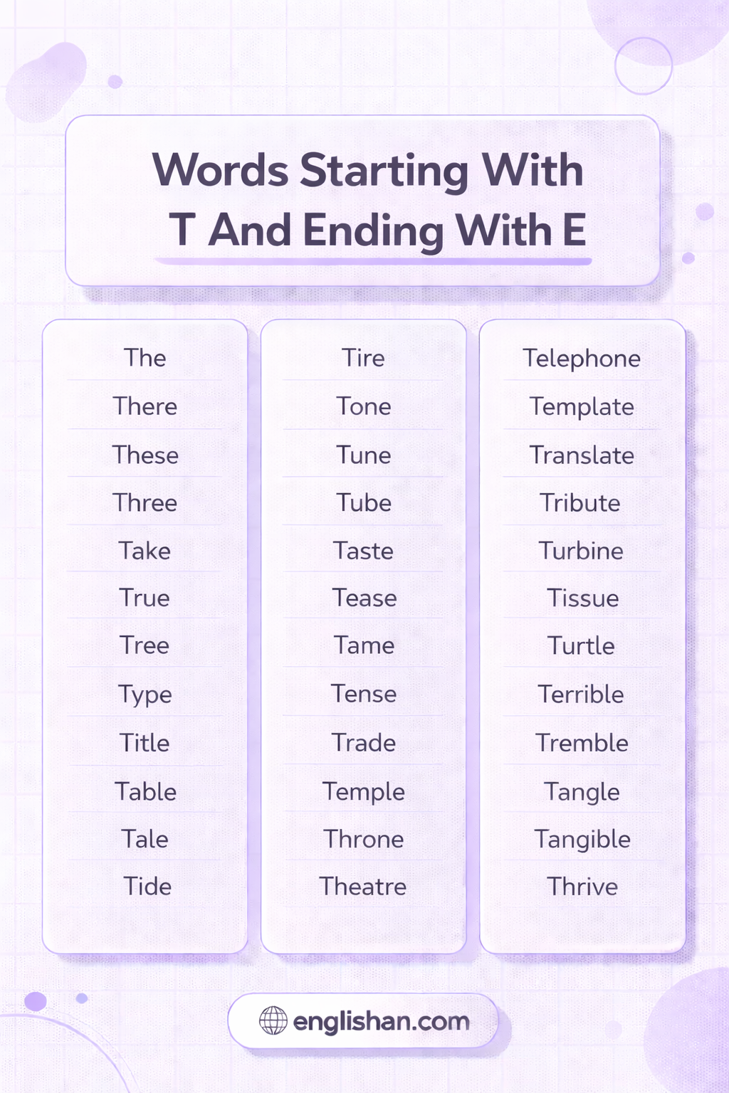 Words Starting With T And Ending With E in Them