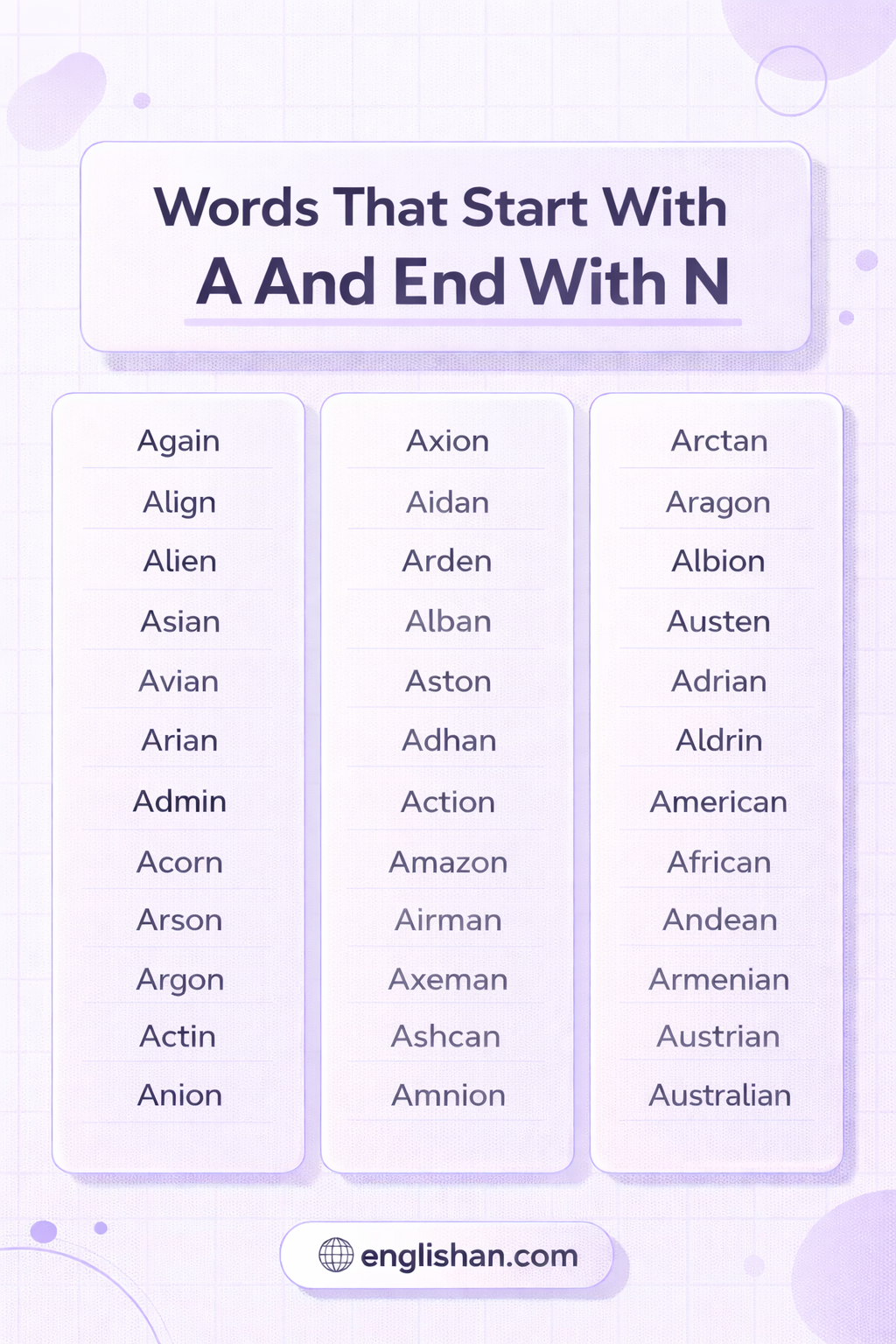 Words that start with A and end with N in Them