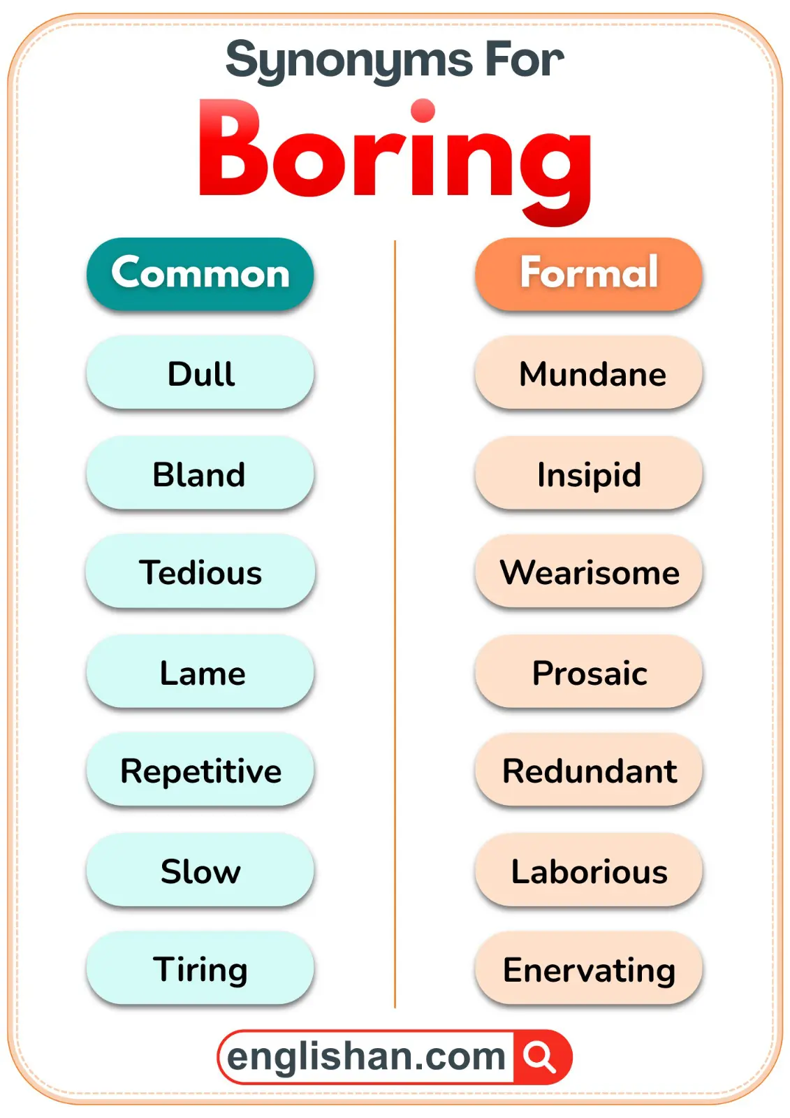 A list of synonyms for the word boring in common and formal English.