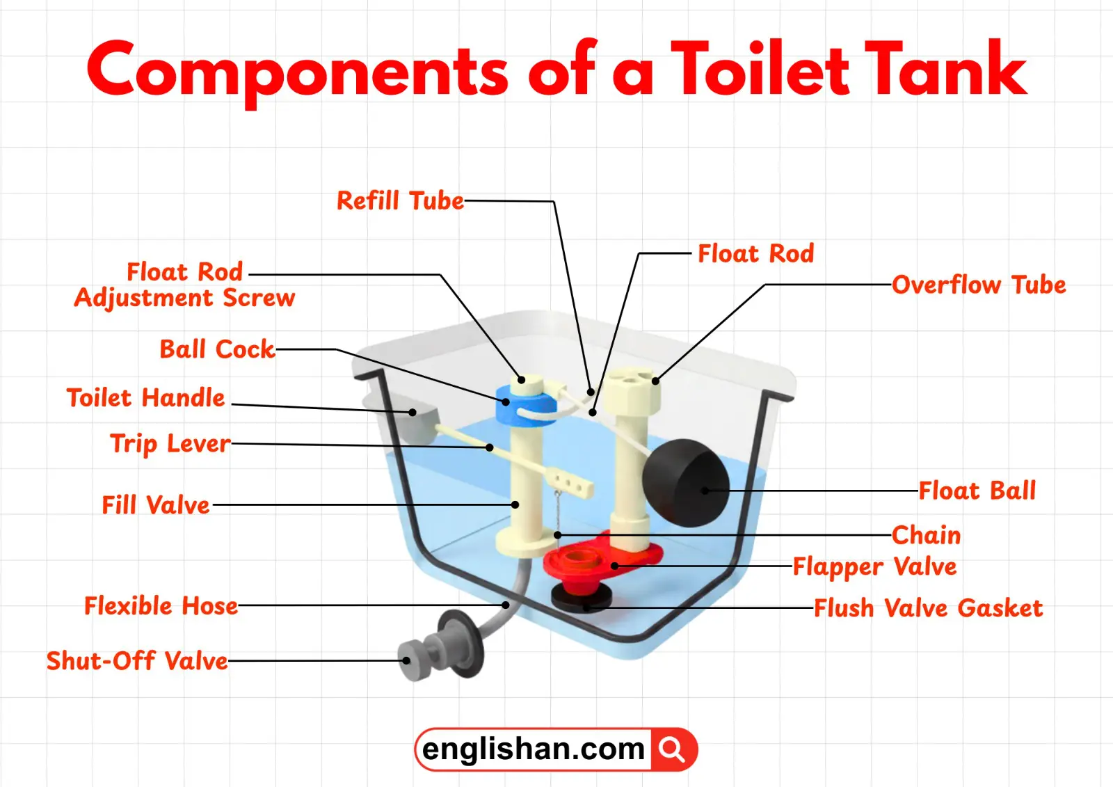 Components of a toilet tank including fill valve, flush valve, and flapper.