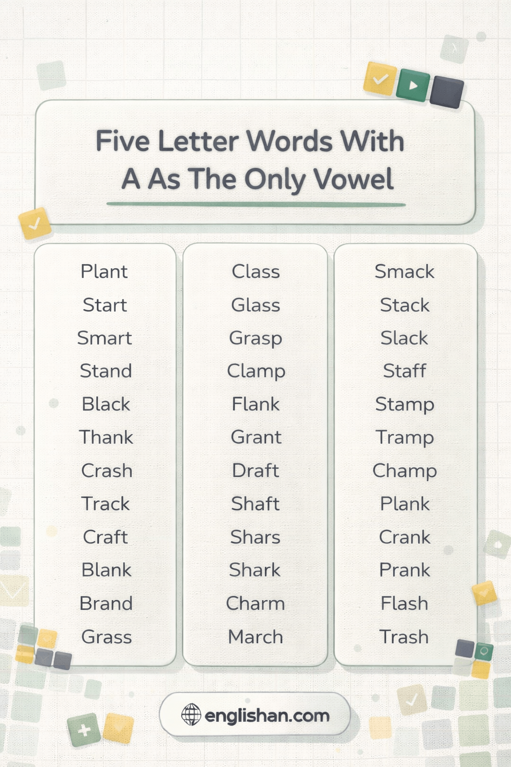 Five letter words with A as the only vowel including PLANT, CRASH, SMART and BLANK.