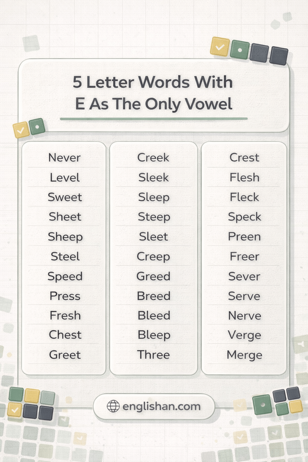 Five letter words with E as the only vowel including BLEND, FRESH, CREST and SHELF.