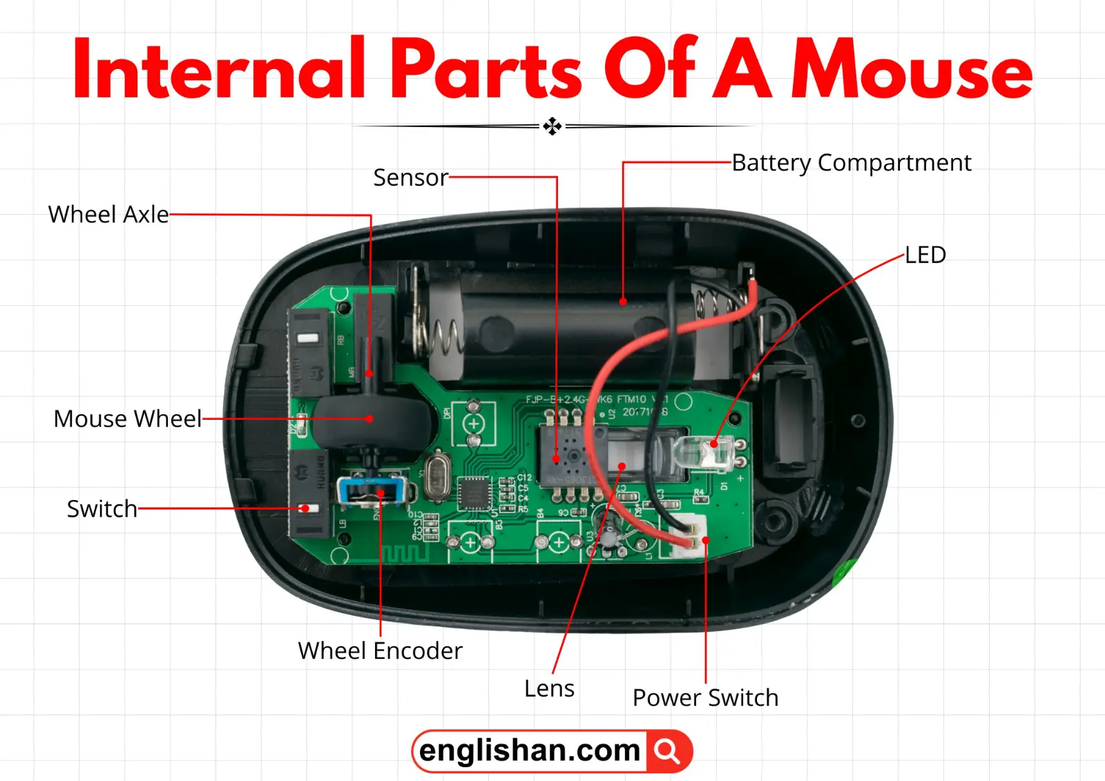 Internal parts of a computer mouse showing components like sensor, wheel, and circuit.