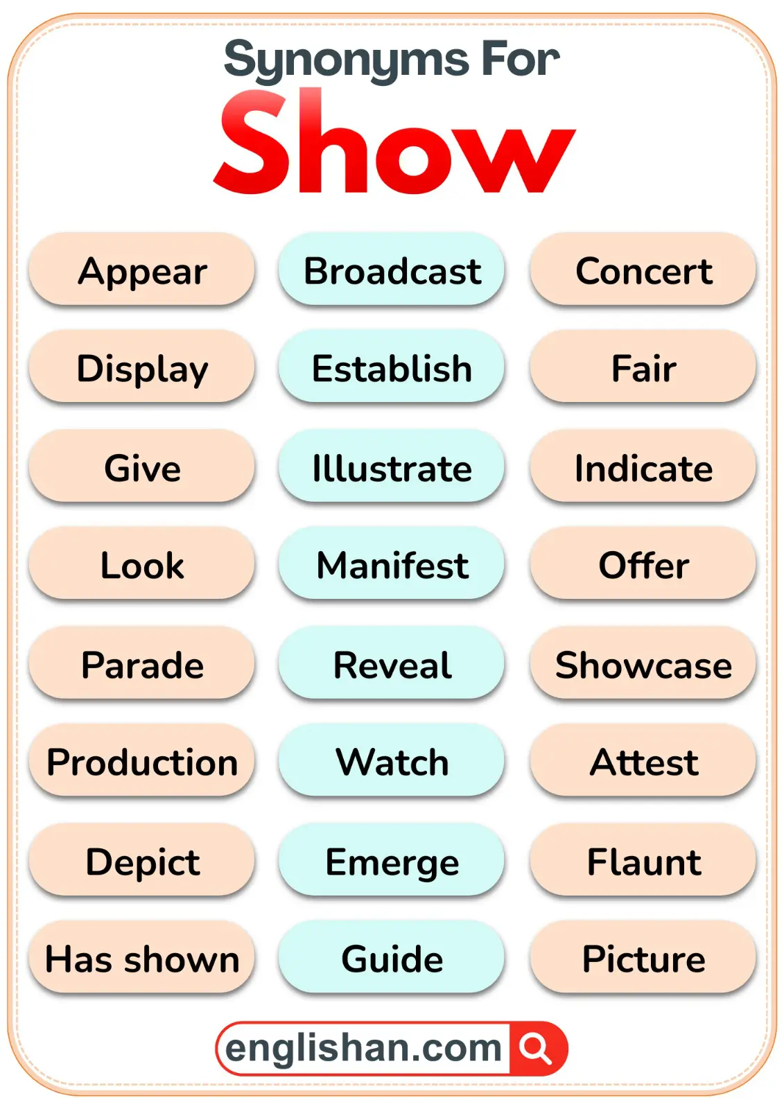 List of different synonyms for the word show with examples
