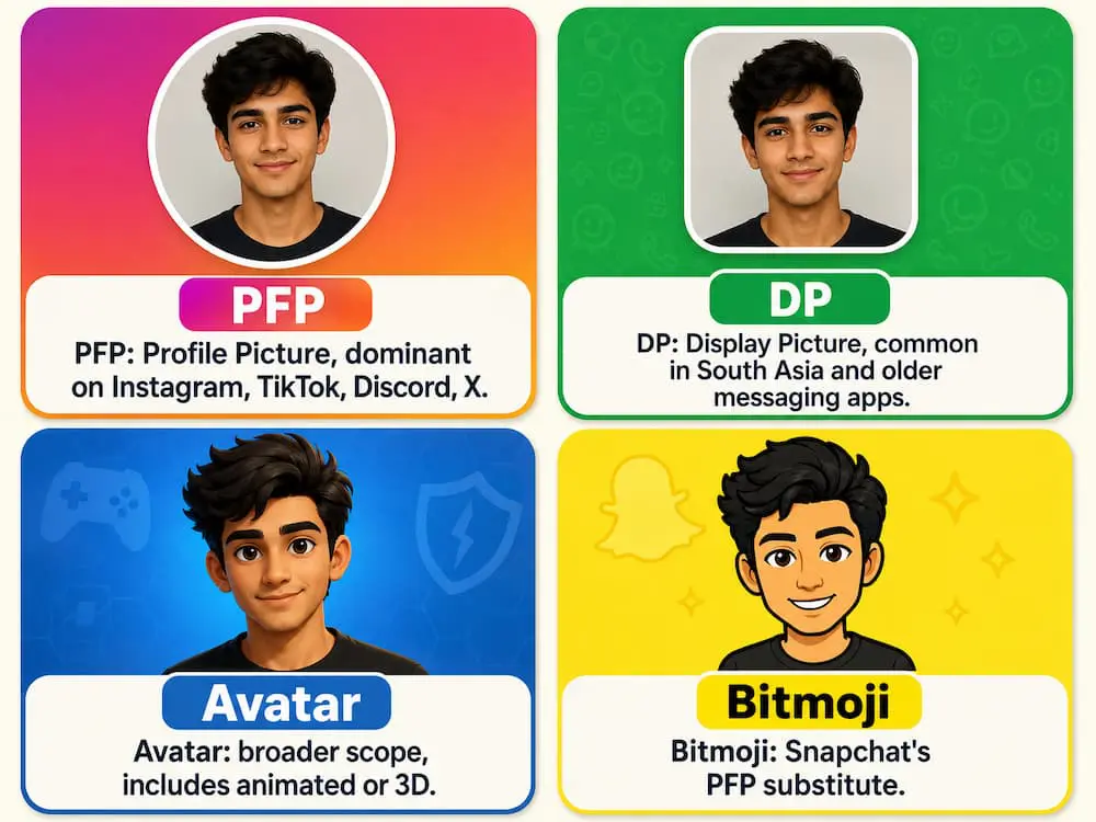 PFP Vs DP Vs Avatar compared by platform and region: PFP on Instagram and TikTok, DP on WhatsApp in South Asia, avatar on Discord and gaming platforms.