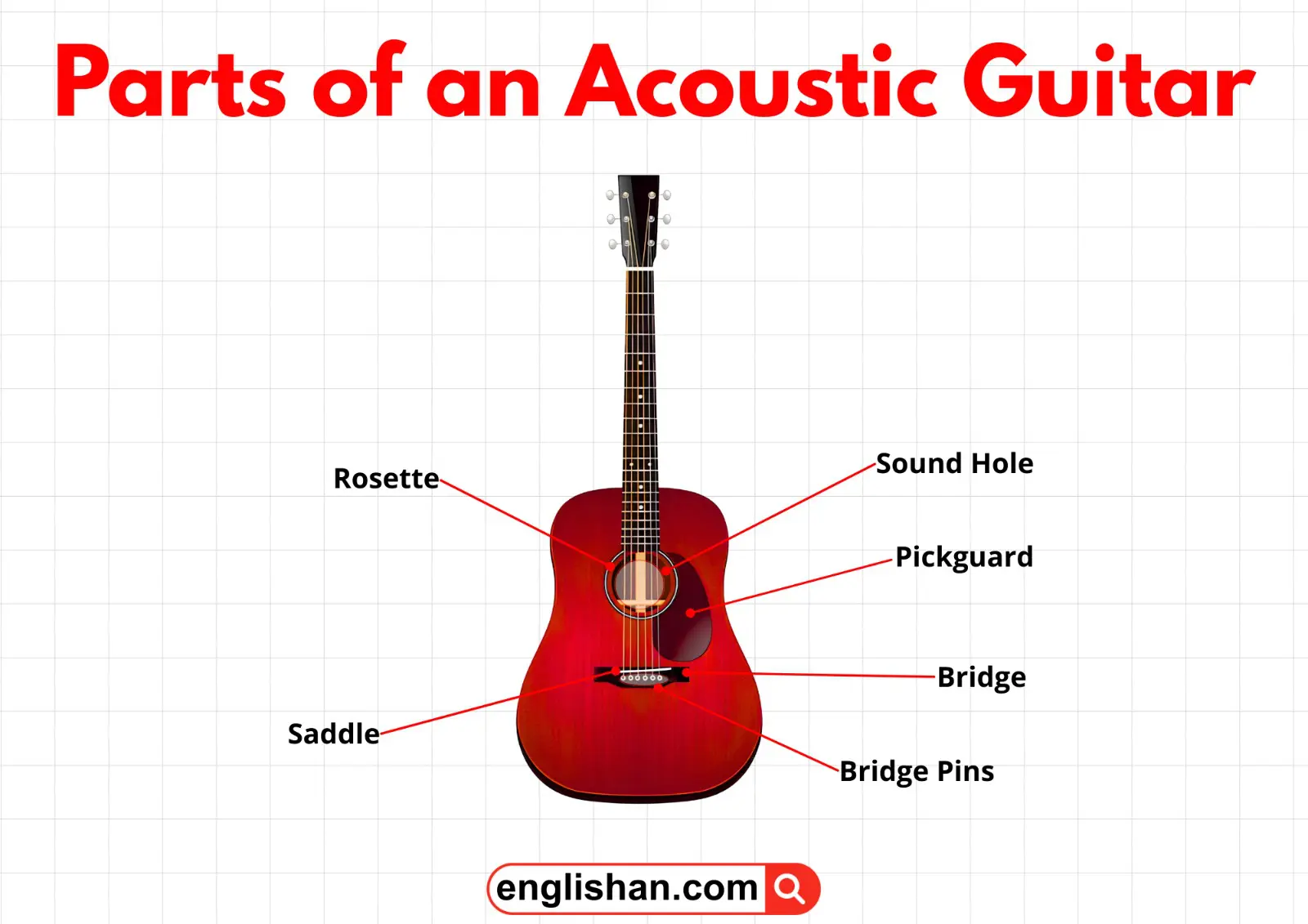Diagram showing the main parts of an acoustic guitar including the headstock, tuning pegs, neck, fretboard, frets, strings, sound hole, body, bridge, and saddle.