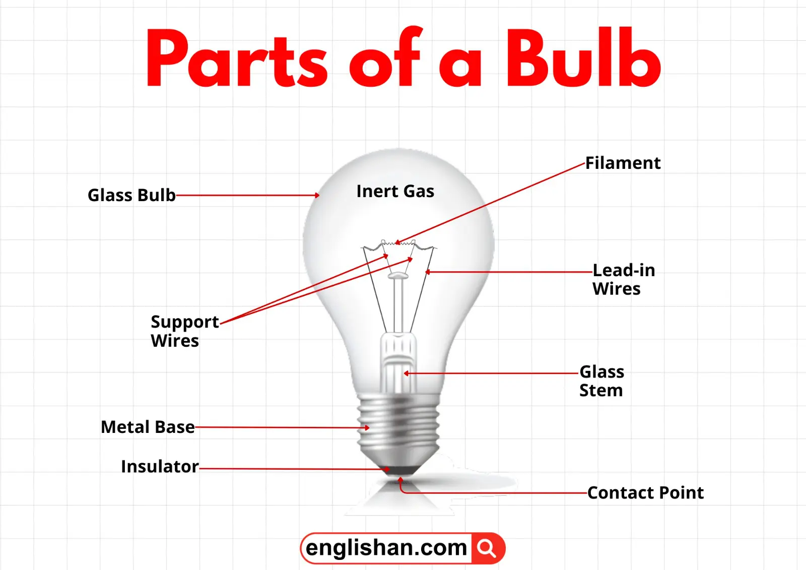 Labeled diagram showing the main parts of a light bulb including the glass bulb, filament, base, and support wires.