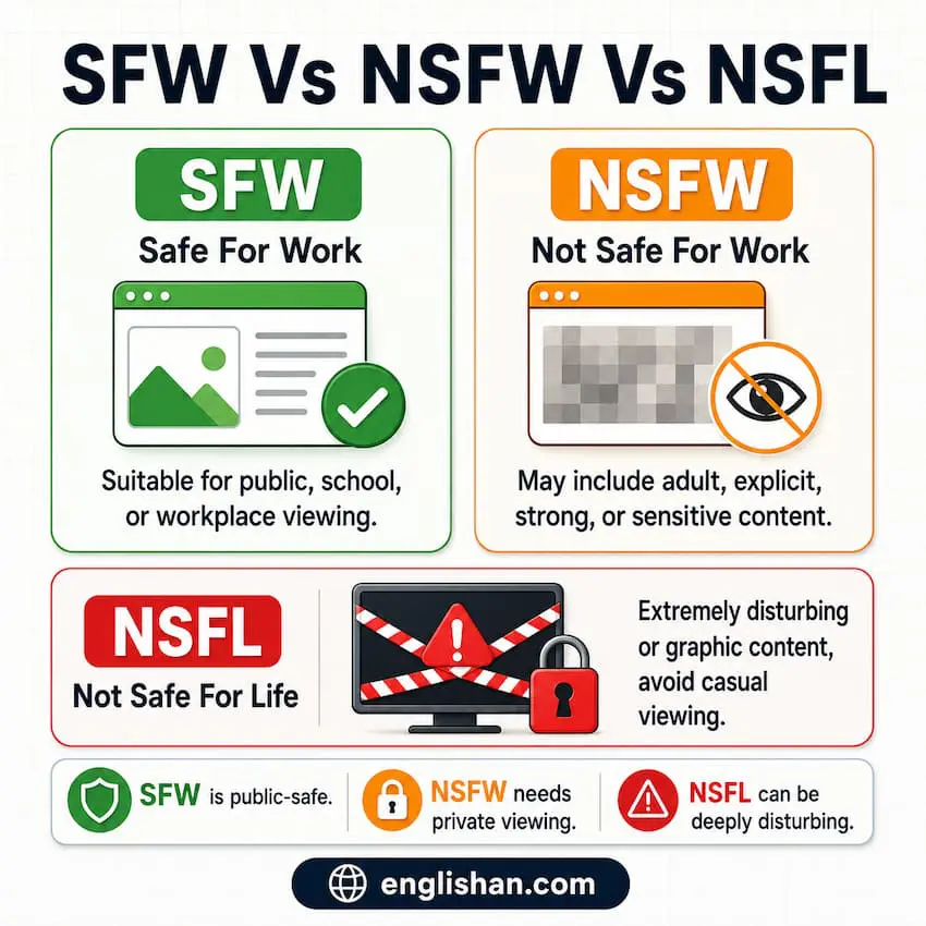 SFW, NSFW, and NSFL compared by severity: SFW as safe for work, NSFW as not safe for work, NSFL as not safe for life with content warning examples across Reddit, Discord, and forums.