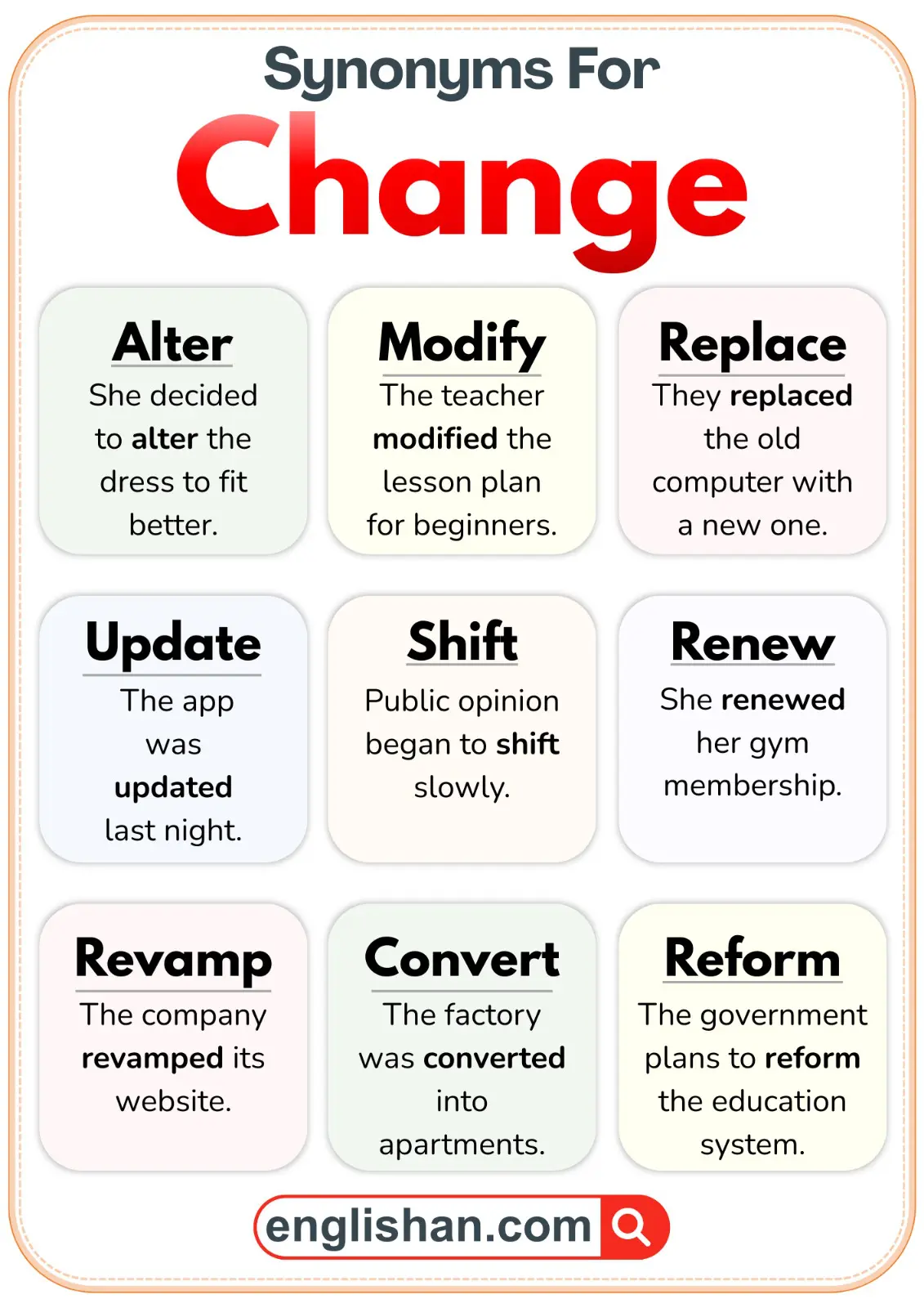 Illustration of words that mean change with example sentences.