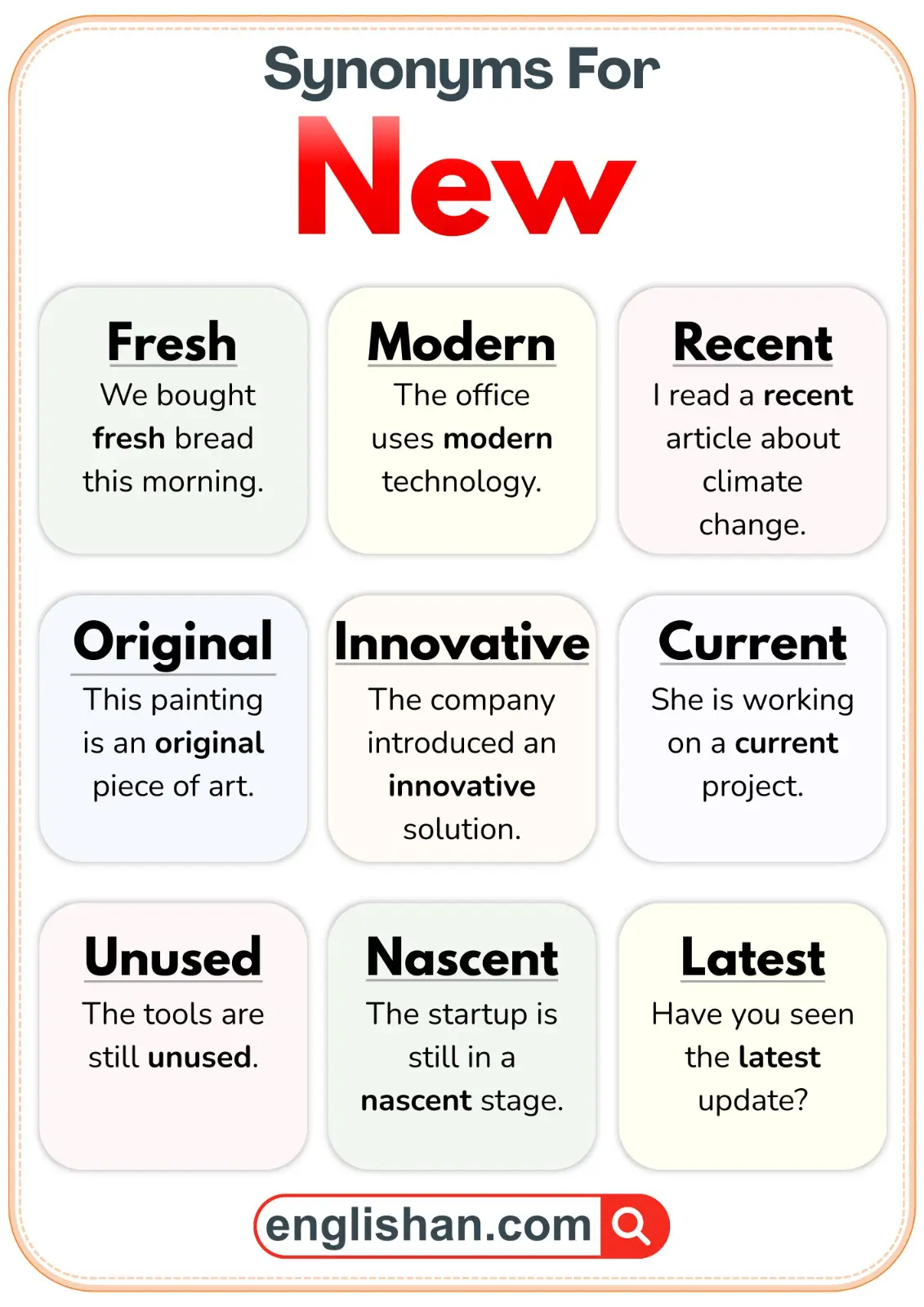 Synonyms for New with examples of usage in sentences.