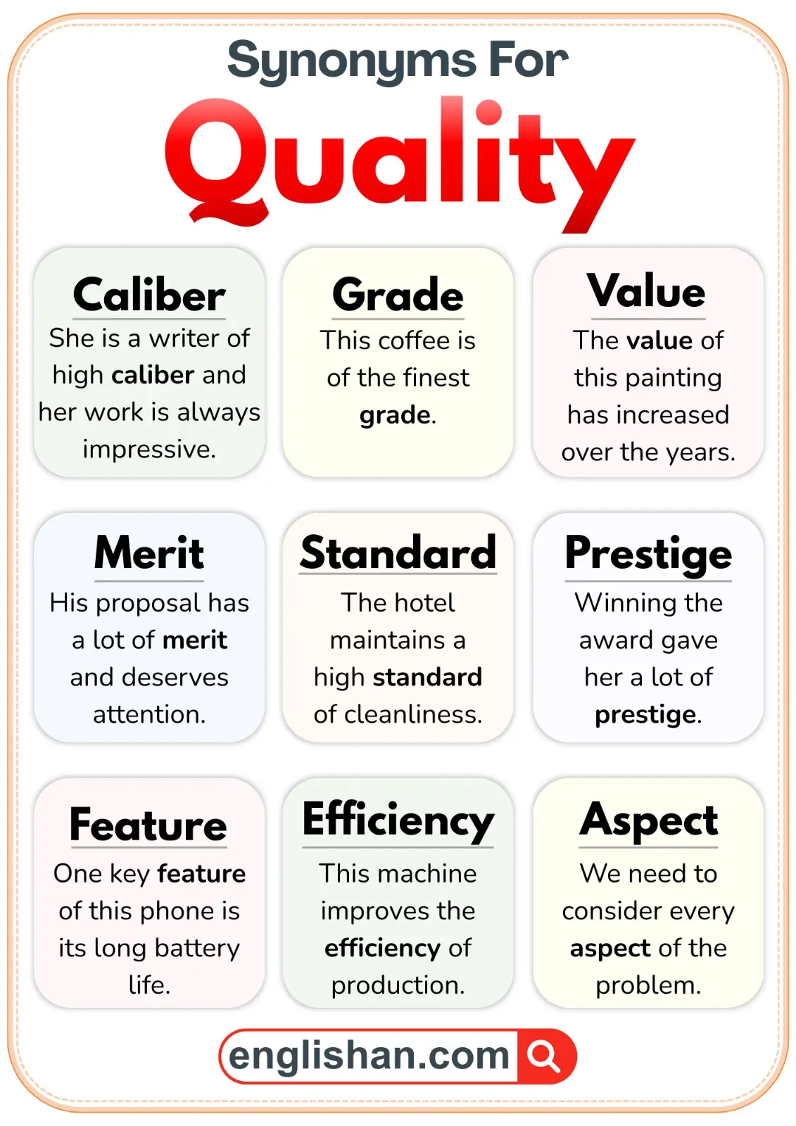 List of synonyms for quality with simple meanings and example sentences.