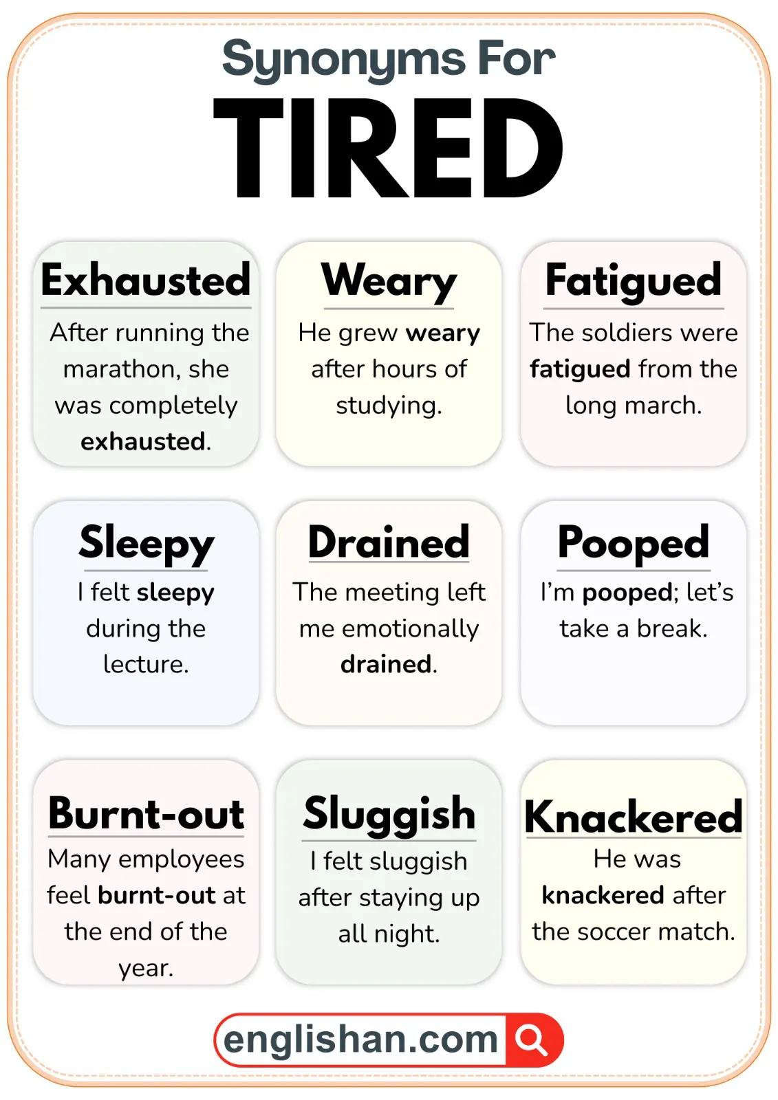 Synonyms for tired with simple examples showing different ways to express feeling exhausted
