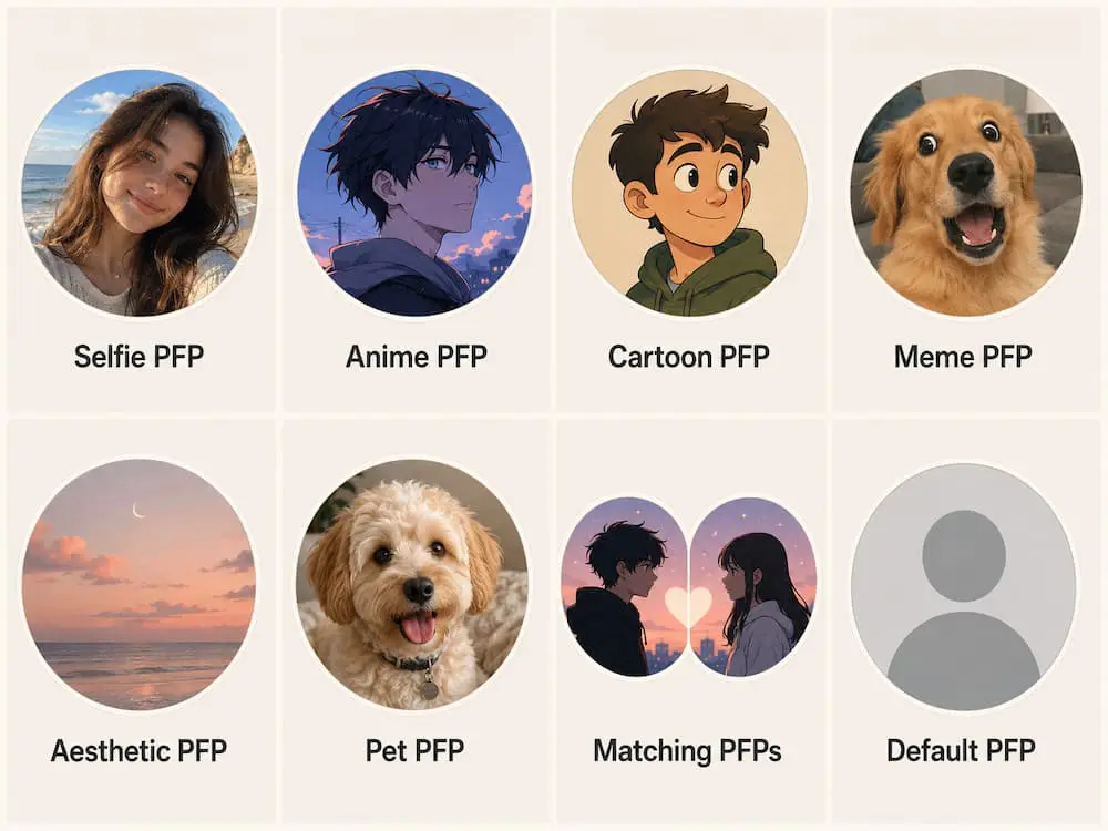 Types Of PFPs People Use Online including anime PFP, aesthetic PFP, matching PFP, selfie PFP, meme PFP, and faceless PFP styles across social media platforms.